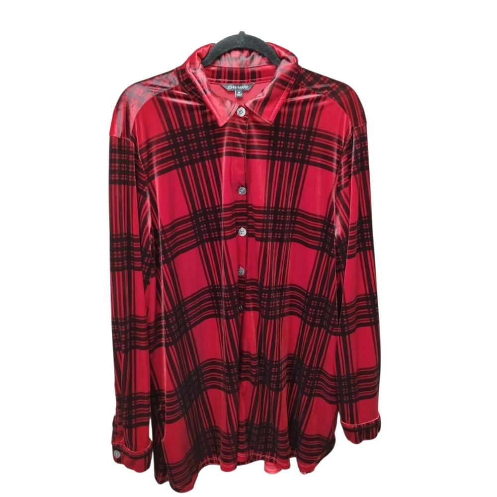 John Mark Womens Velour Plaid Button Up Top Size 1X Western Office Red Black